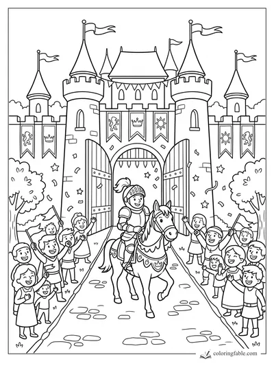 Cartoon knight on horseback entering a castle gate as cheering children wave flags and confetti falls.