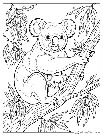 Smiling koala with a joey on a eucalyptus branch surrounded by long gum leaves