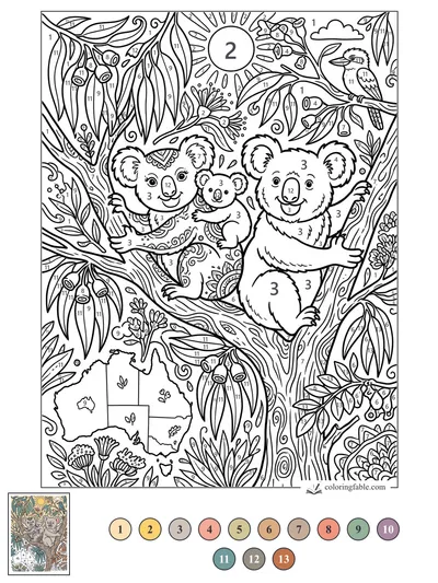 Koala Family in a Sunny Eucalyptus Tree — color by number