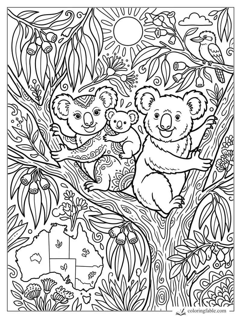 Doodle coloring page of three koalas in a eucalyptus tree with flowers, a bird, sun, clouds, and Australia map.