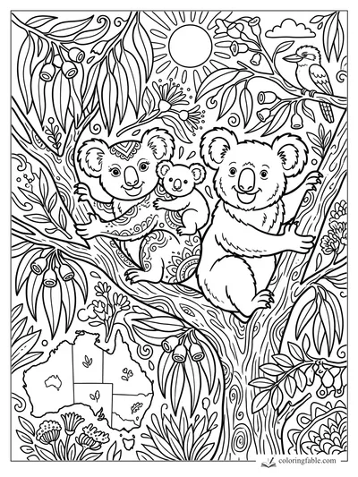 Doodle coloring page of three koalas in a eucalyptus tree with flowers, a bird, sun, clouds, and Australia map.
