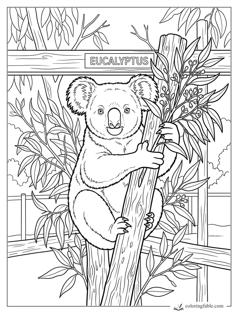 Koala hugging a wooden post with eucalyptus leaves beside a sign labeled Eucalyptus.