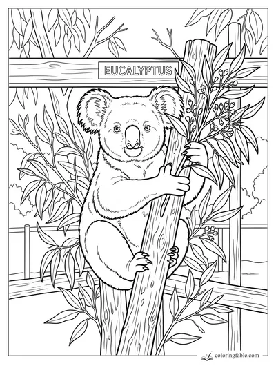 Koala hugging a wooden post with eucalyptus leaves beside a sign labeled Eucalyptus.