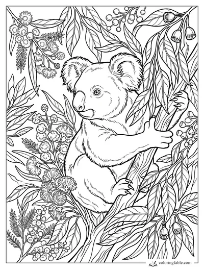 Intricate floral koala coloring page with eucalyptus leaves, blossoms, gum nuts, and a koala hugging a branch