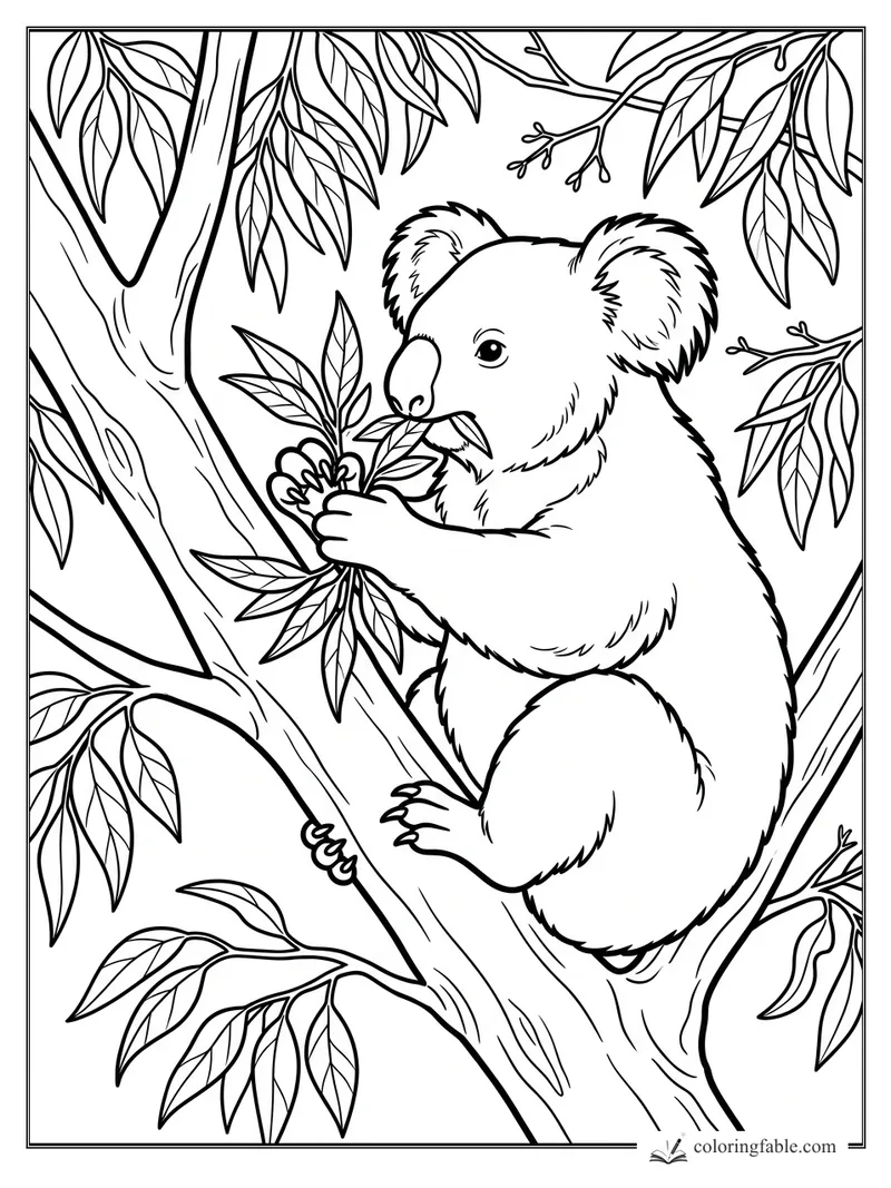 Koala clinging to a eucalyptus branch while holding and nibbling leafy stems.