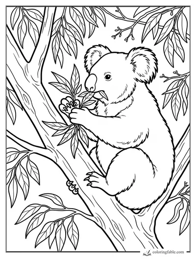 Koala clinging to a eucalyptus branch while holding and nibbling leafy stems.