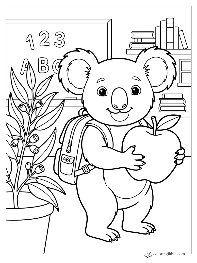 Smiling koala with ABC backpack holding a big apple in a classroom with books, numbers, and eucalyptus plant