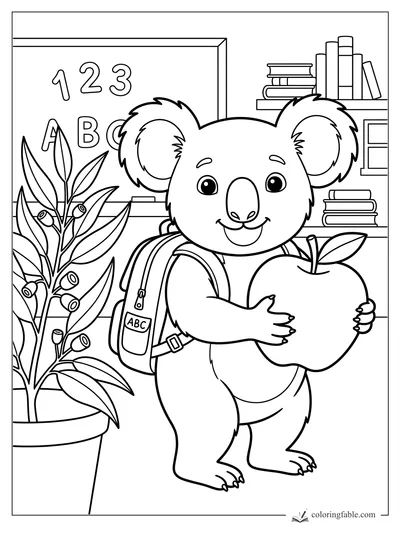Smiling koala with ABC backpack holding a big apple in a classroom with books, numbers, and eucalyptus plant