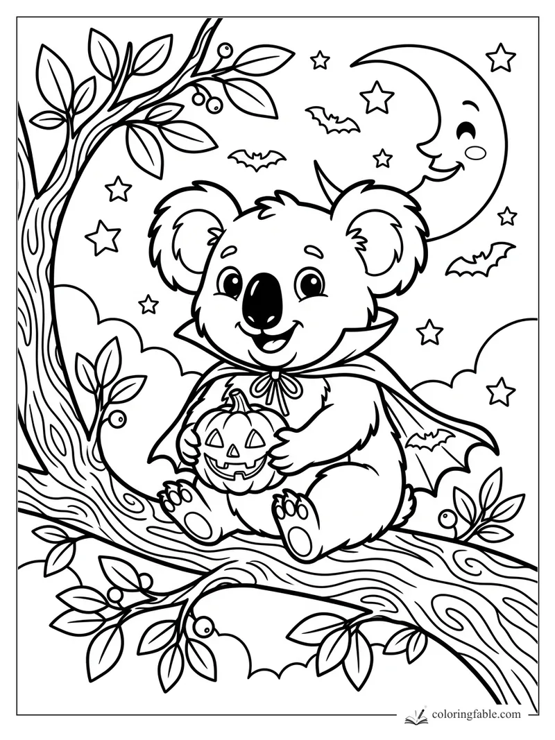Cartoon koala in a vampire cape holding a jack-o-lantern on a tree branch under moon, stars, and bats