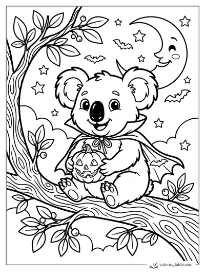 Cartoon koala in a vampire cape holding a jack-o-lantern on a tree branch under moon, stars, and bats