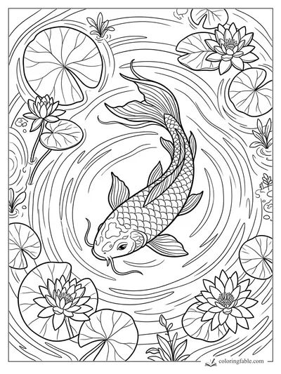 Koi fish with flowing fins swimming among lily pads, water lilies, and swirling pond ripples.