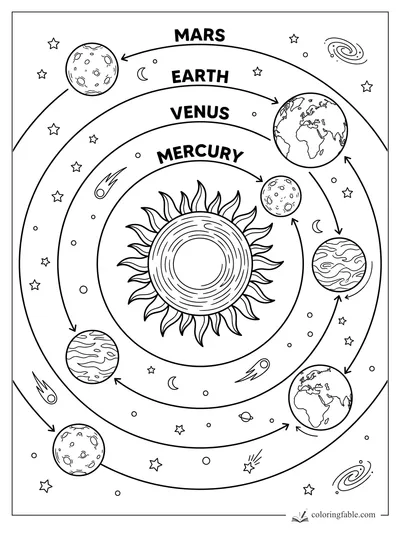 Solar system coloring page with labeled Mercury, Venus, Earth, Mars, arrows, stars, comets, and galaxies.