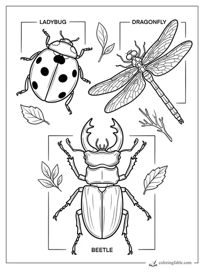 Bug coloring page with labeled ladybug, dragonfly, beetle, leaves, and bracket outlines