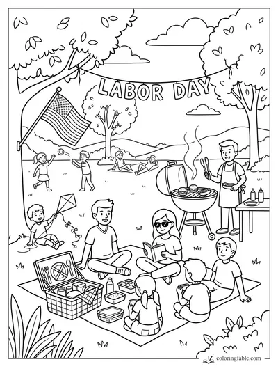 Labor Day coloring page with picnic blanket, grill, flag, kite, trees, and kids playing in a park