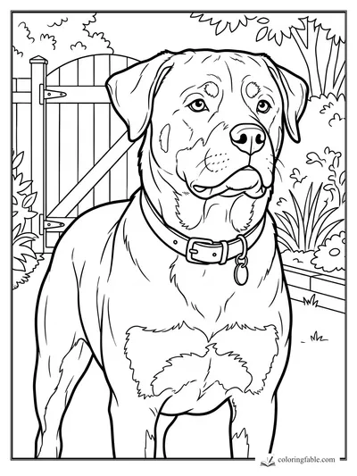 Realistic Labrador dog with collar standing by a wooden garden gate and flower beds