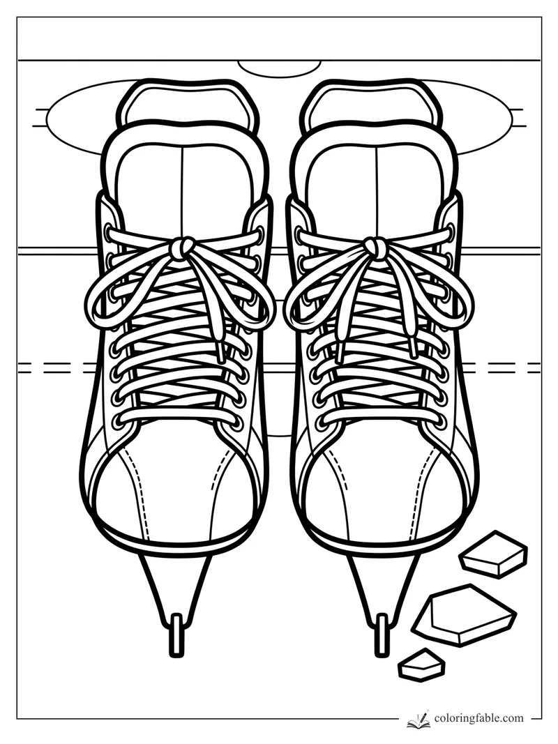 Pair of laced hockey skates on rink boards with small tape pieces nearby