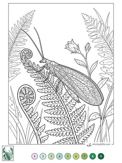 Lacewing Resting on Fern Fronds — color by number