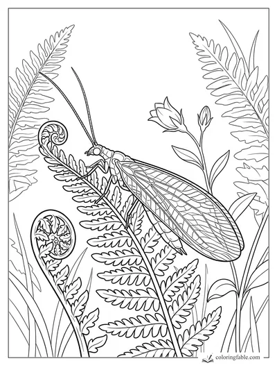 Realistic lacewing with long antennae and veined wings perched among fern fronds and flower buds.