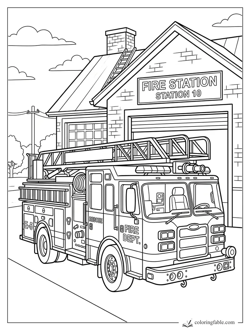 Ladder fire truck parked outside Fire Station 10 with roof ladder, brick walls, and clouds