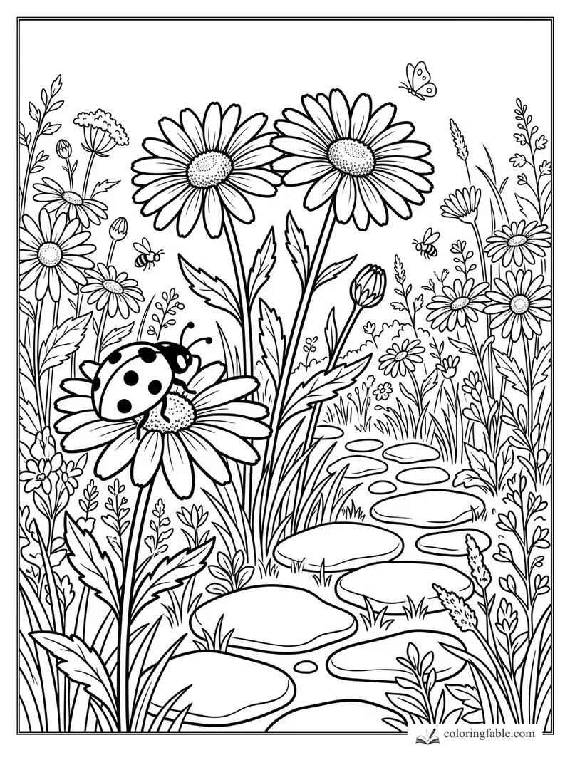 Daisies, tall grasses, a ladybug, bees, butterfly, and stepping stones in a meadow coloring page.