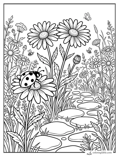 Daisies, tall grasses, a ladybug, bees, butterfly, and stepping stones in a meadow coloring page.