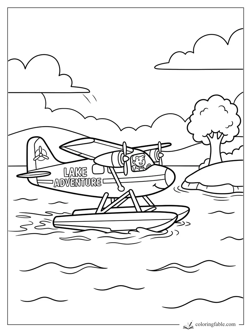 Cartoon Lake Adventure seaplane with smiling pilot, floats, propellers, island tree, clouds, and waves.