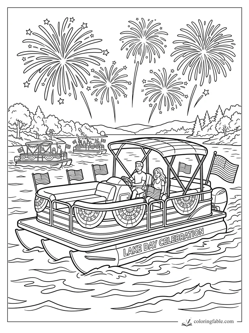 Pontoon boat with flags and bunting at a lake fireworks celebration, with forested hills and other boats.