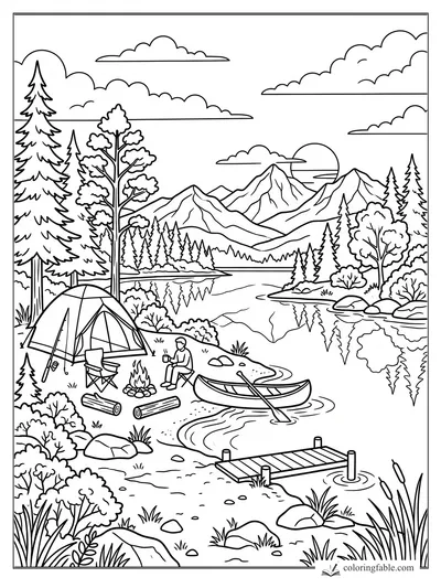 Camping coloring page with tent, campfire, canoe, dock, pine trees, lake, mountains, and sunset.