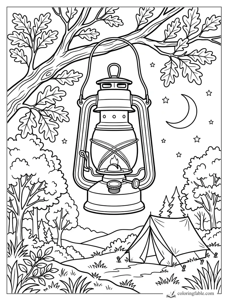 Coloring page of a lantern hanging from an oak branch above a tent, crescent moon, stars, and trees.