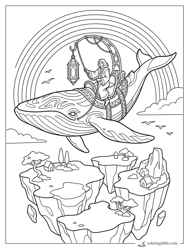Sky whale with robed rider holding a lantern above floating islands and rainbow arches