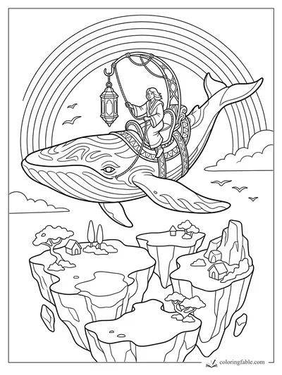 Sky whale with robed rider holding a lantern above floating islands and rainbow arches