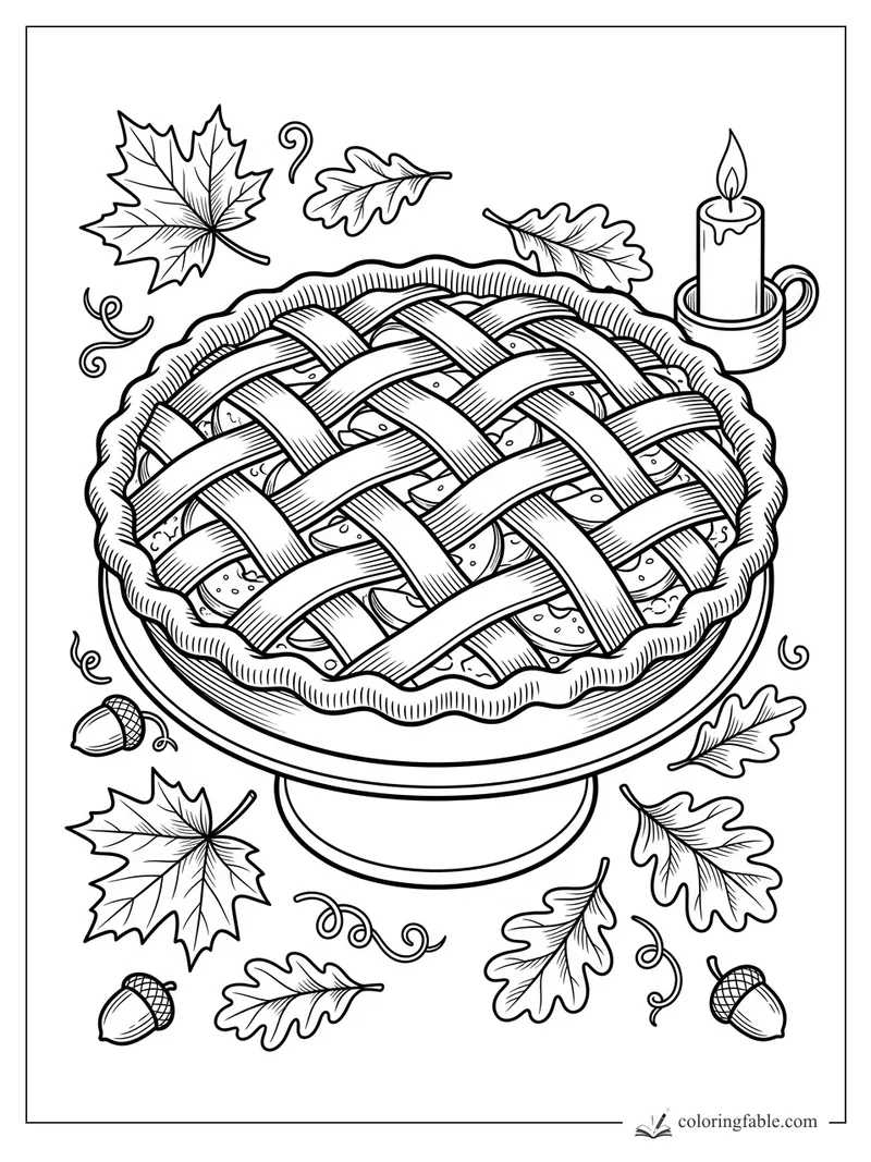 Engraved lattice pie on a pedestal with maple leaves, oak leaves, acorns, curls, and a lit candle.