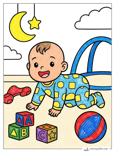 Laughing Baby Crawling by Blocks and Ball — colored example