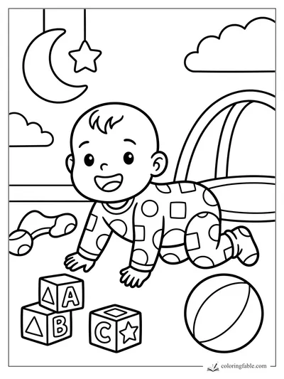 Bold toddler coloring page of a smiling baby crawling near ABC blocks, a ball, moon, star, clouds, and crib.
