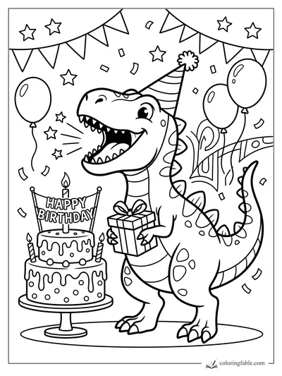 Cartoon dinosaur in a party hat holding a gift beside a Happy Birthday cake, balloons, banners, and confetti.