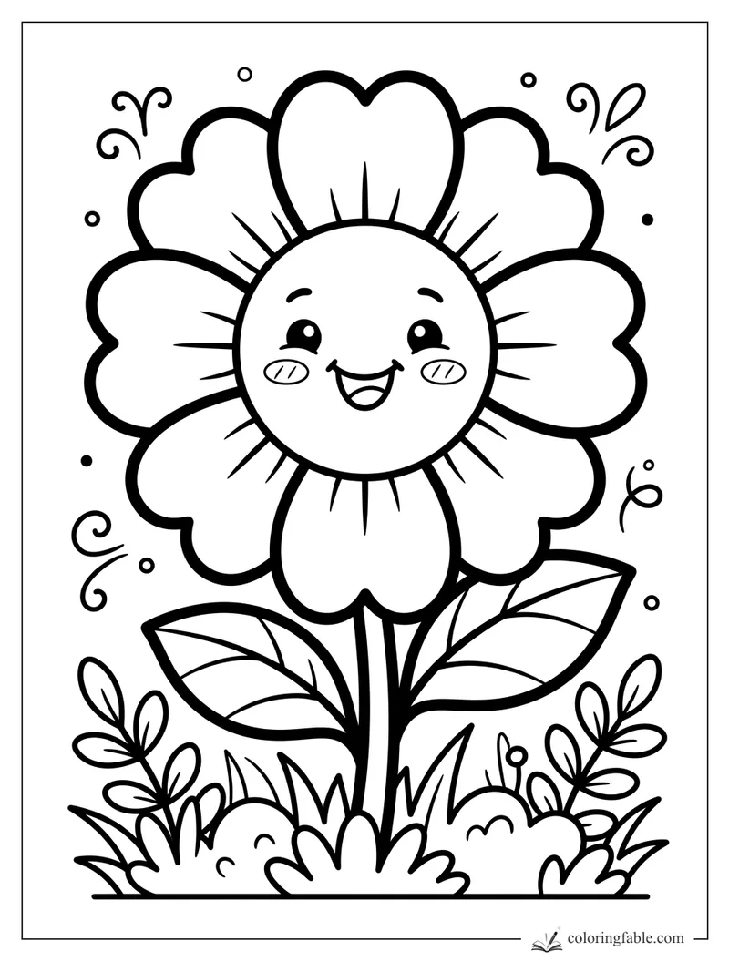 Smiling cartoon flower with heart-shaped petals, leafy stem, grass, swirls, and dots.