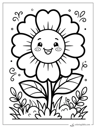Smiling cartoon flower with heart-shaped petals, leafy stem, grass, swirls, and dots.
