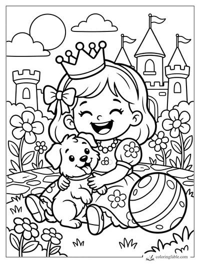 Easy princess coloring page with puppy, crown, castle towers, flowers, sun, clouds, and striped ball