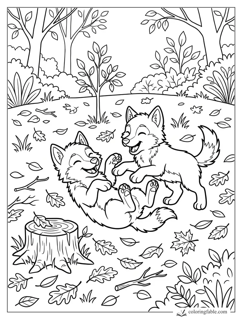 Two cartoon wolf pups play in a forest clearing with fallen leaves, a stump, branches, bushes, and tall trees.