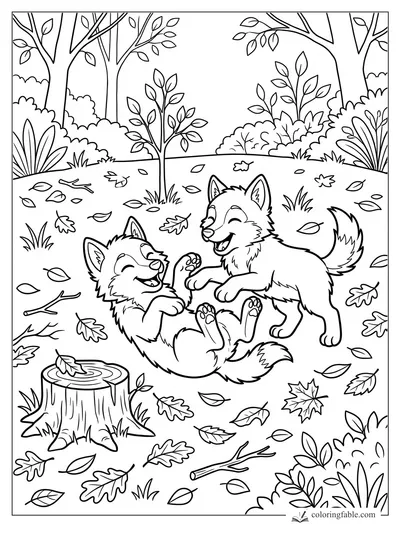 Two cartoon wolf pups play in a forest clearing with fallen leaves, a stump, branches, bushes, and tall trees.