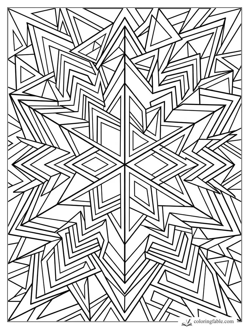 Intricate geometric coloring page with a central arrow star, nested diamonds, triangles, and chevron lines.