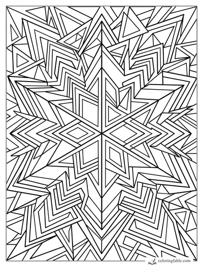 Intricate geometric coloring page with a central arrow star, nested diamonds, triangles, and chevron lines.