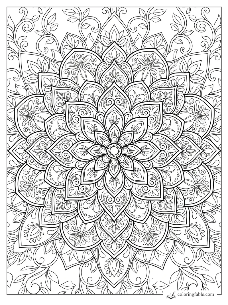 Intricate floral mandala with layered petals, dotted arcs, curling vines, and small leaf motifs.