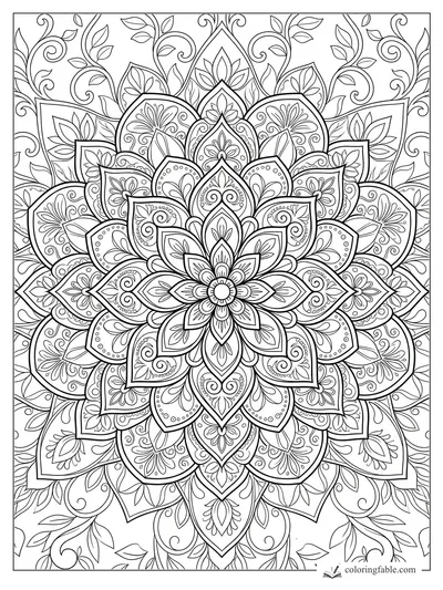 Intricate floral mandala with layered petals, dotted arcs, curling vines, and small leaf motifs.