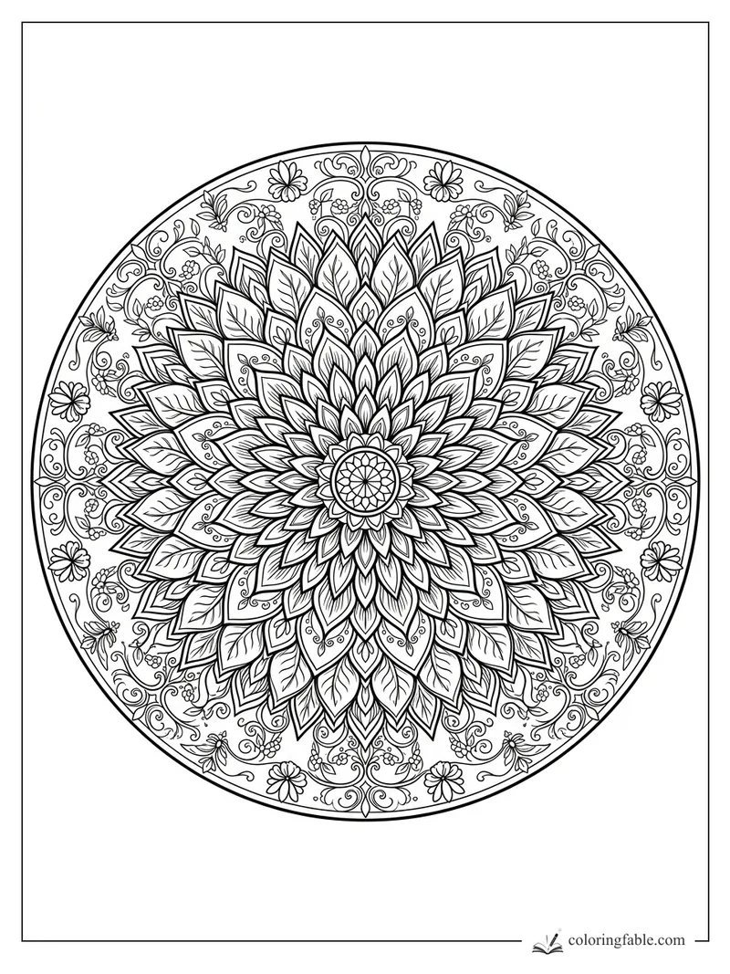 Intricate flower mandala with layered petals, leaf veins, curling vines, small blossoms, berries, and bees.