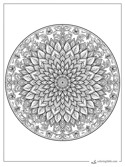 Intricate flower mandala with layered petals, leaf veins, curling vines, small blossoms, berries, and bees.