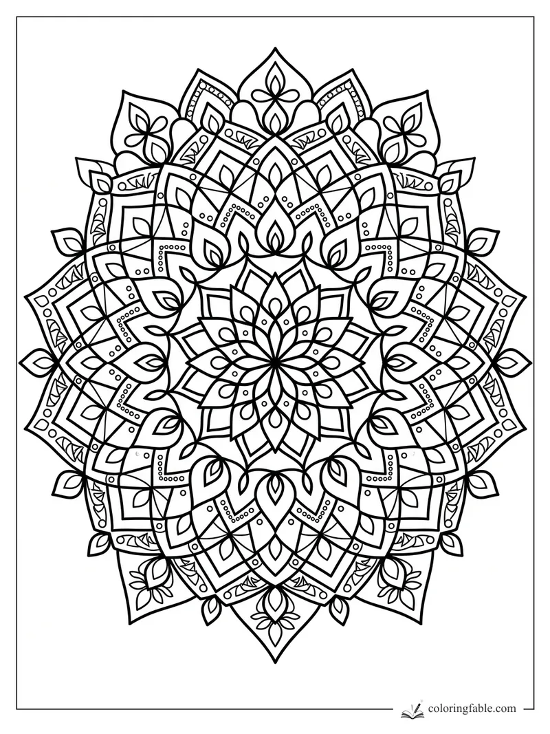Intricate geometric mandala with lotus petals, teardrop leaves, dotted arcs, and pointed outer tips