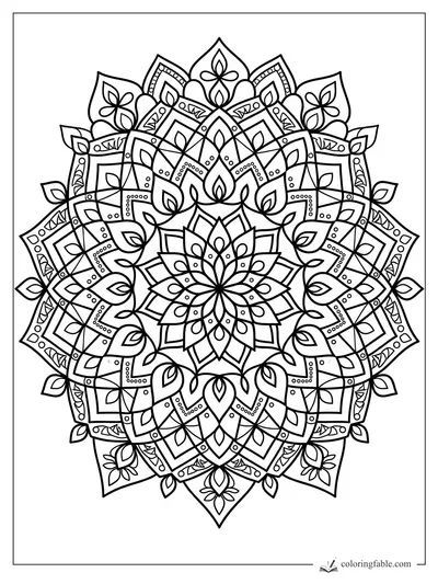 Intricate geometric mandala with lotus petals, teardrop leaves, dotted arcs, and pointed outer tips