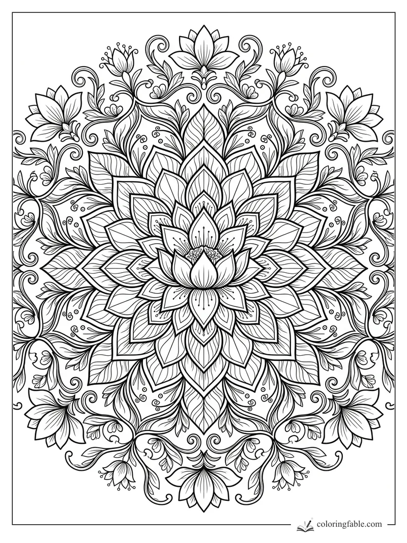 Intricate floral mandala with layered lotus petals, curling vines, leaves, and tiny bud details.
