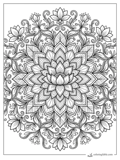 Intricate floral mandala with layered lotus petals, curling vines, leaves, and tiny bud details.